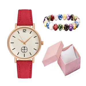 Red brown matte strap quartz watch and beaded bracelet in a gift box packaging