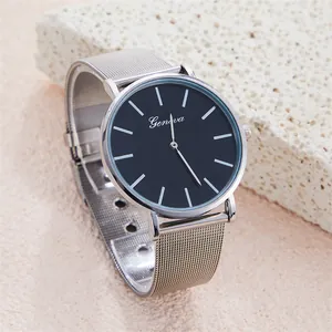Minimalist silver mesh band watch with black dial and Geneva branding for women