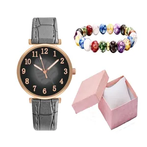 Women quartz watch with leaf pattern dial, beaded bracelet and pink gift box set