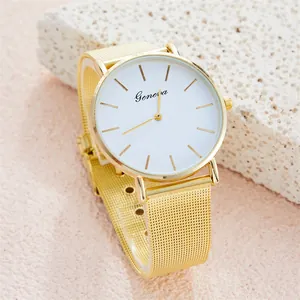 Fashionable gold mesh strap watch with a minimalist white dial for women in a luxury style
