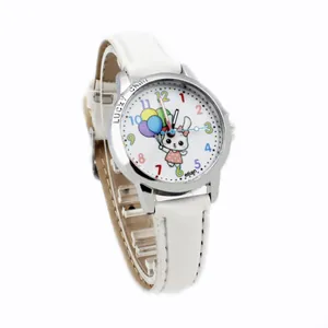 Detail of children's quartz watch showing cartoon rabbit dial and white leather strap