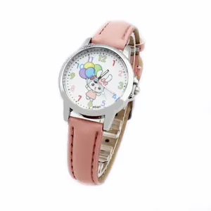 Cute pink quartz watch for kids featuring a rabbit balloon dial and colorful numbers