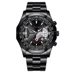 Montre chronographe VIKABO en métal noir avec bracelet en acier et affichage de date