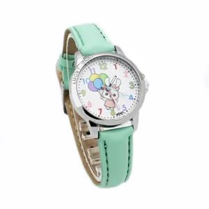 Detail view of child quartz watch with cute rabbit pattern and lucky child engraving