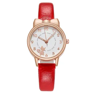 Cute Cat Ear Case Quartz Watch For Women Kids Luminous Pointer PU Leather Strap Animal Pattern Fashion Wristwatch Student Gift