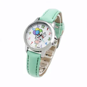 Mint green quartz watch for kids featuring a cute bunny and balloon design on a white dial