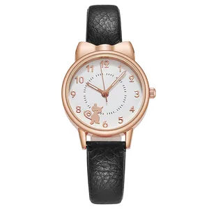 Women's quartz watch with rose gold cat ear case and black leather strap featuring a cat dial