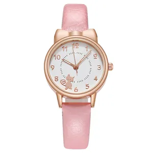 Cute pink leather cat watch for women with rose gold ears and luminous hands