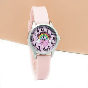 Pink silicone children's watch with cute rainbow and heart pattern on the dial
