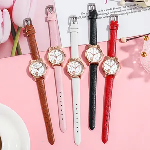Five assorted colors of ladies' leather cat-themed watches with luminous pointers