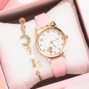 Orologio al Quarzo Orecchie di Gatto Bracciale Stella Luna Strass Cassa Oro Rosa Cinturino Ecopelle Gioielli Donna Elegante