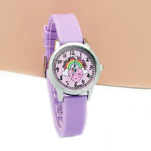 Cute lavender silicone watch for kids featuring a rainbow heart theme and silver bezel