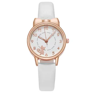 Rose gold cat-ear watch with white leather strap and cute cat dial for women