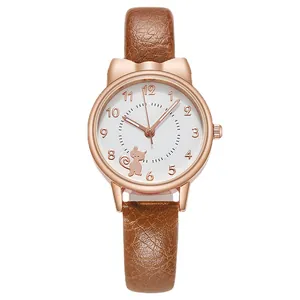 Chic women's watch featuring cute cat ears on a rose gold case with brown leather strap