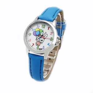 Cartoon rabbit children watch with sky blue leather strap and colorful balloon dial