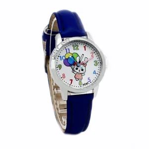 Detailed macro view of white dial featuring cartoon rabbit with colorful balloon and blue strap