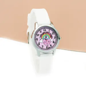 Children's quartz watch with pink rainbow dial and white silicone strap for girls