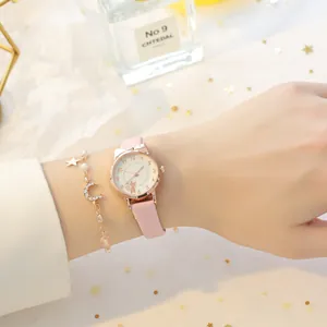 Set orologio gatto in pelle rosa con bracciale stella e luna oro per donna