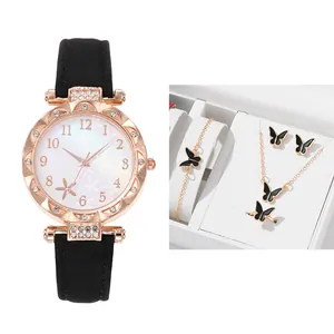 Women Fashion Quartz Watch Butterfly Jewelry Floral Dial Rhinestone Alloy Case Faux Leather Strap Necklace Bracelet Ring Earring Gift