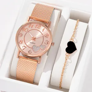 Montre à Quartz Décontractée pour Femmes Ensemble de Bracelet de Coeur Or Rose Argent Bracelet en Maille d'Acier Inoxydable Montre-Bracelet de Mode