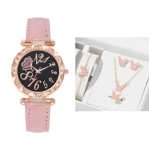 Elegantes Damen Quarzuhren Set mit rosa Lederarmband und Schmetterlingsschmuck Zubehör