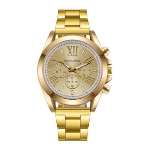 Classic women's gold quartz watch with champagne dial and Roman numeral hour markers
