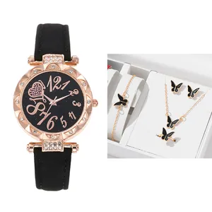 Damen Mode Strass Uhr Schmuckset Schmetterling Halskette Ohrringe Armband Ring Lederband Sternenhimmel Zifferblatt Quarz Armbanduhr Geschenkset