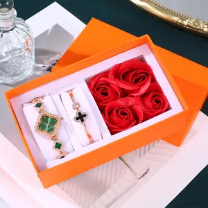 Women's luxury clover watch and bracelet gift set with rose gold rhinestones and flowers