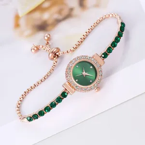 Elegant rose gold watch with green dial and adjustable rhinestone bracelet for women