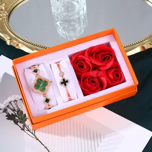 Women Luxury Rose Gold Quartz Watch Bracelet Green Clover Rhinestone Dial Red Soap Roses For Wedding Party Jewelry Gift