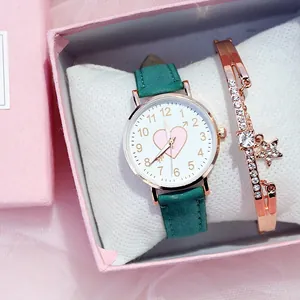 Green leather strap watch with heart pattern and rose gold star charm bracelet set