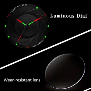 Lichtgevende wijzerplaat met groene markers en krasbestendig glas voor horloge
