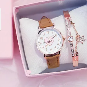 Close-up of heart pattern ladies watch with rose gold case and starry charm bracelet