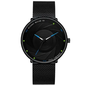 DIJANES Heren Mode Quartz Horloge Lichtgevende Camera Diafragma Wijzerplaat Roestvrij Staal Mesh Kunstleer Band Zakelijk Horloge