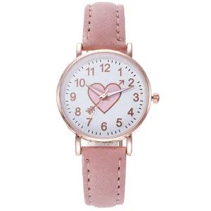 Elegant women's quartz watch with pink frosted leather strap and heart patterned dial