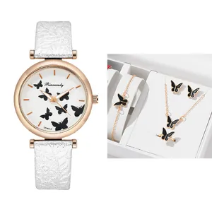 Women's rose gold quartz watch set with white leather butterfly print strap and jewelry