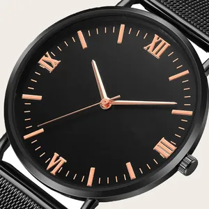 Mens casual business quartz watch with black mesh strap and rose gold Roman numerals