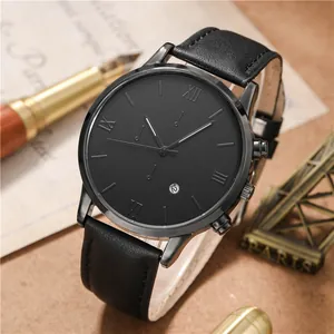Minimalist quartz men's watch with black leather strap and Roman numerals in retro setting