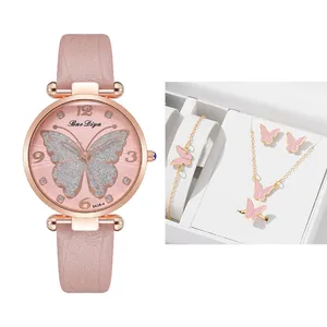 Pink leather quartz watch and butterfly jewelry set with necklace bracelet and earrings