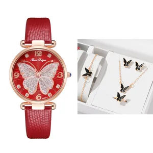 Women's quartz watch with red leather strap and sparkling butterfly jewelry set 5-piece