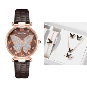 Women's quartz watch gift set featuring a butterfly dial and brown leather strap