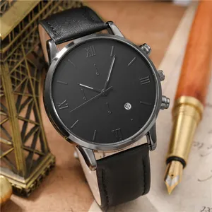 Geneva men's black quartz watch with leather strap and calendar displayed next to a pen