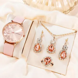 Dames Sieraden Horloge Collectie Vlinder Wijzerplaat Kwartshorloge Peer Edelsteen Ketting Oorbellen Ring Armband Roségoud Roze Cadeau