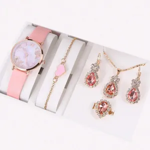 Horloge en sieradenset voor dames met roze leren band en bloemmotief wijzerplaat