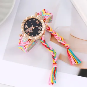 Bohemian woven strap watch with rhinestone butterfly star dial and rose gold case
