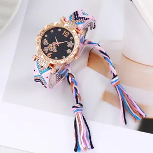Bohemian Women Quartz Watch Ethnic Woven Strap Tassel Starry Sky Butterfly Dial Rhinestone Alloy Case Fashion Wristwatch