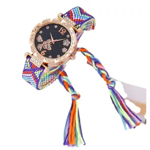 Bohemian woven strap watch with rose gold case and butterfly starry sky dial for women