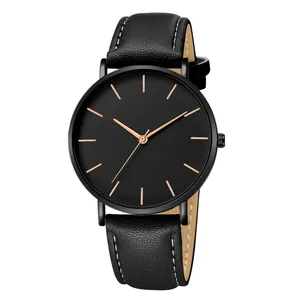 Minimalist men's quartz watch with black dial, rose gold markers and black leather strap