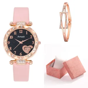 Elegant rose gold star dial watch with pink leather strap and diamond bracelet set