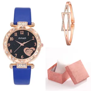 Blue leather quartz watch and rose gold studded bracelet set with pink gift box